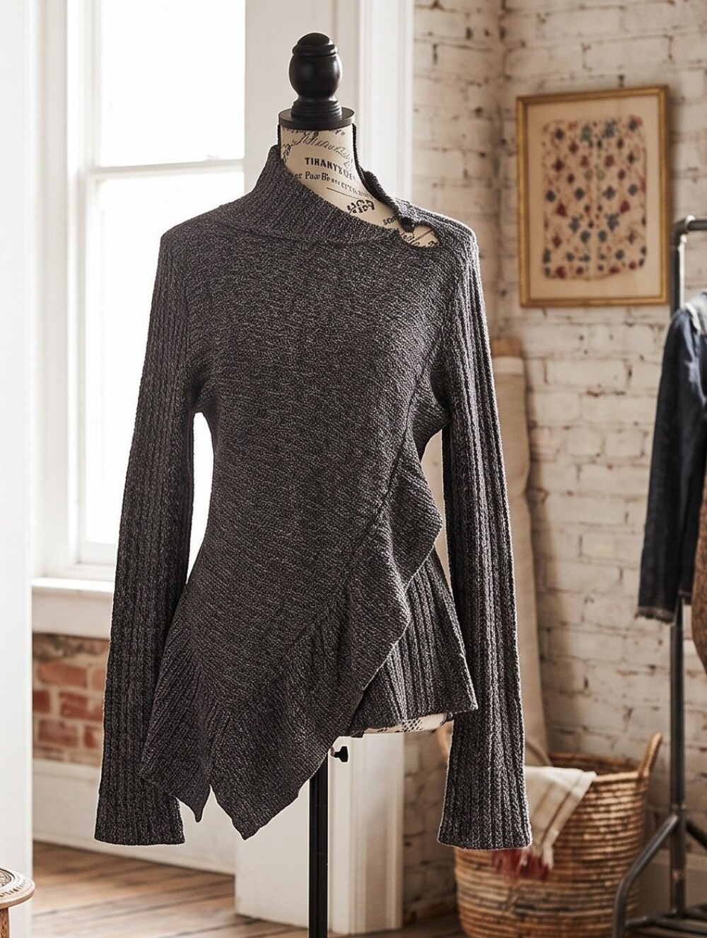 Anthro Knitted & Knotted Merino Wool Blend Asymmetric Ruffle Sweater L